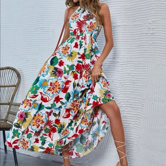 Boho Bohemian Gypsy White Floral Print Tie Back Dress New - Picture 3 of 7